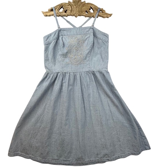 Merona‎ Denim Embroider Sundress Size 8 Spaghetti Strap strapless retro 90s Y2K - Picture 3 of 14